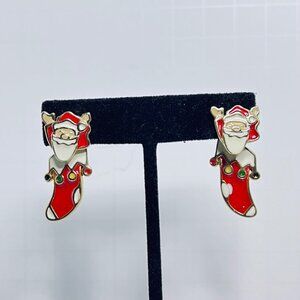 Vintage Santa In A Stocking Gold Tone Enamel Pierced Earrings (5632)